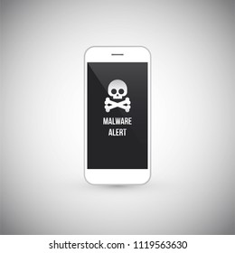 Malware notification on smartphone vector, flat style mobile phone with skull bones, concept of spam data, fraud internet error message, insecure connection, online scam, virus