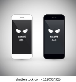 Malware notification on smartphone vector, flat style mobile phone, concept of spam data, fraud internet error message, insecure connection, online scam, virus