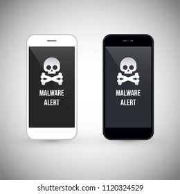 Malware notification on smartphone vector, flat style mobile phone with skull bones, concept of spam data, fraud internet error message, insecure connection, online scam, virus