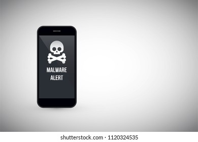 Malware notification on smartphone vector, flat style mobile phone with skull bones, concept of spam data, fraud internet error message, insecure connection, online scam, virus