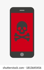 Malware notification on smartphone.  Vector illustration. Smartphone with skull and bones. Virus in mobile phone.