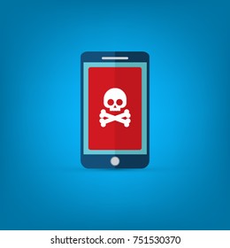 Malware notification on smartphone vector, flat style mobile phone with skull bones, concept of spam data, fraud internet error message, insecure connection, online scam, virus