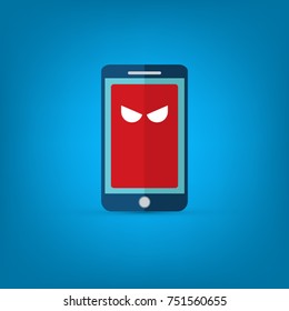 Malware notification on smartphone vector, flat style mobile phone with skull bones, concept of spam data, fraud internet error message, insecure connection, online scam, virus