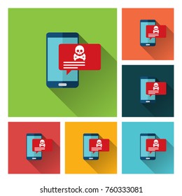 Malware notification on smartphone vector, flat style mobile phone with skull bones bubble speech red alert, concept of spam data, fraud internet error message, insecure connection, online scam, virus