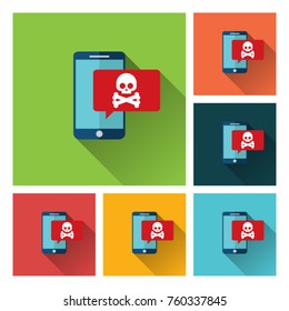 Malware notification on smartphone vector, flat style mobile phone with skull bones bubble speech red alert, concept of spam data, fraud internet error message, insecure connection, online scam, virus