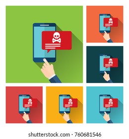 Malware notification on smartphone vector, flat style mobile phone with skull bones bubble speech red alert, concept of spam data, fraud internet error message, insecure connection, online scam, virus