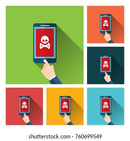 Malware notification on smartphone vector, flat style mobile phone with skull bones bubble speech red alert, concept of spam data, fraud internet error message, insecure connection, online scam, virus