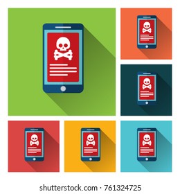 Malware notification on smartphone vector, flat style mobile phone with skull bones bubble speech red alert, concept of spam data, fraud internet error message, insecure connection, online scam, virus