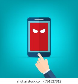 Malware notification on smartphone vector, flat style mobile phone with skull bones bubble speech red alert, concept of spam data, fraud internet error message, insecure connection, online scam, virus