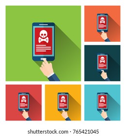 Malware notification on smartphone vector, flat style mobile phone with skull bones, red alert, concept of spam data, fraud internet error message, insecure connection, online scam, virus.
