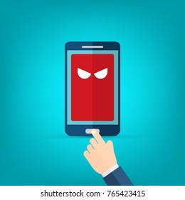 Malware notification on smartphone vector, flat style mobile phone with skull bones bubble speech red alert, concept of spam data, fraud internet error message, insecure connection, online scam, virus