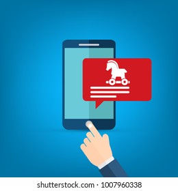 Malware notification on smartphone vector.Mobile phone with trojan horse, bubble speech red alert, concept of spam data, fraud internet error message, insecure connection, online scam, virus.