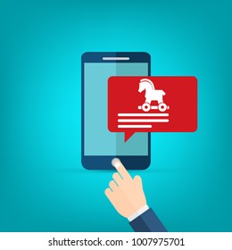 Malware notification on smartphone vector.Mobile phone with trojan horse icon, bubble speech red alert, concept of spam data, fraud internet error message, insecure connection, online scam, virus.