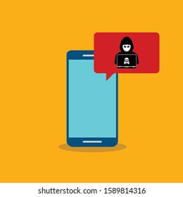 Malware notification on smartphone vector.Mobile phone with hacker, skull, bones, bubble speech red alert, concept of spam data, fraud internet error message, insecure connection, online scam, virus.