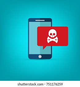 Malware notification on smartphone vector.Mobile phone with skull, bones, bubble speech red alert, concept of spam data, fraud internet error message, insecure connection, online scam, virus.