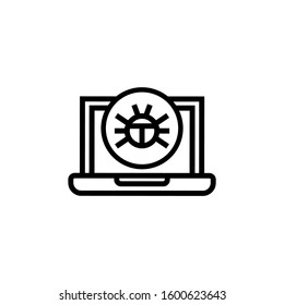 Malware on laptop display icon in outline style on white background, Virus computer bug icon, Software Bug icon