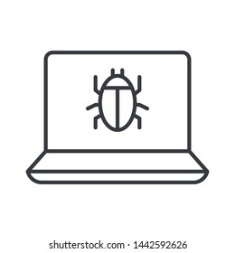 Malware on laptop display. Virus computer bug icon. Software Bug icon