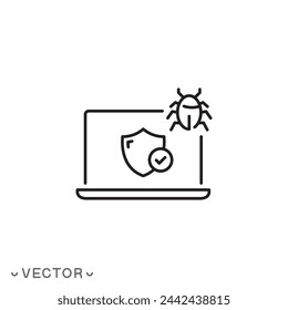 malware protect icon, protection against ddos attacks , computer with shield, thin line symbol isolated on white background, editable stroke eps 10 vector illustration
