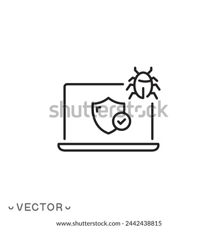malware protect icon, protection against ddos attacks , computer with shield, thin line symbol isolated on white background, editable stroke eps 10 vector illustration