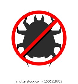 Malware protection icon. Internet safety concept. Flat icon. Isolated on white background.  Red circular cross on malware symbol. 