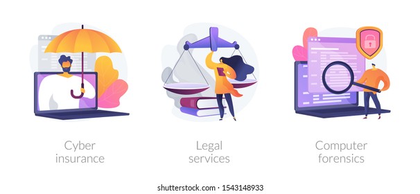 Malware Protection, Lawyer Consultation, Criminalistic Examination Icons Set. Cyber Insurance, Legal Services, Computer Forensics Metaphors. Vector Isolated Concept Metaphor Illustrations