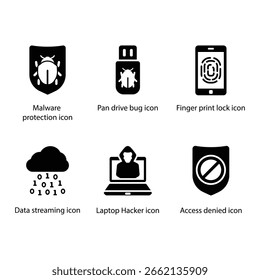 Malware protection, Pan drive bug, Finger print lock, Data streaming, Hacker, Access denied, icon