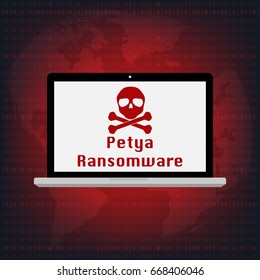 Malware Ransomware Petya virus encrypted files on laptop computer screen with world map background. Vector illustration cybercrime and cyber security concept.