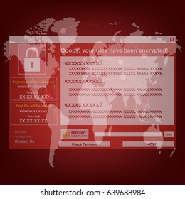 Malware Ransomware Wannacry Virus Encrypted Files And Show Massage For Bitcon Payment On World Background. Vector Illustration Cybercrime And Cyber Security Concept.