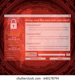 Malware Ransomware wannacry virus encrypted files and show massage for bitcon payment on gear and wolrd map background. Vector illustration cybercrime and cyber security concept.