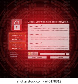 Malware Ransomware Wannacry Virus Encrypted Files And Show Massage For Bitcon Payment On Binary Code And Gear Background. Vector Illustration Cybercrime And Cyber Security Concept.