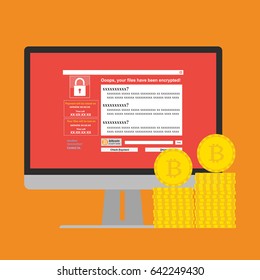 Malware Ransomware wannacry virus encrypted files and show massage for bitcon payment on computer PC display and bitcoins coins. Vector illustration cybercrime and cyber security concept.
