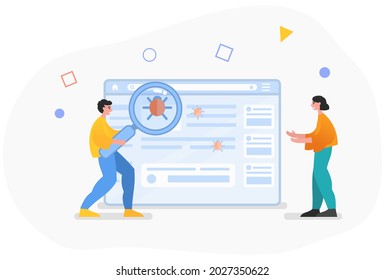 Malware removal services, website full security, antivirus and firewall. Two people stand near web page with virus bugs. Modern vector illustration