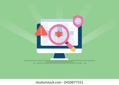 Malware removal from system, debugging technology, Virus removal, Website virus scan, cyber security - vector illustration background with icons