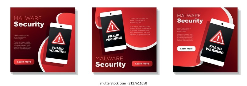 Malware security social media post, banner set, online fraud prevention advertisement concept, data security marketing square ad, abstract print, isolated on background.