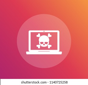 malware, spam data, fraud, insecure connection, online scam, virus vector icon, laptop and skull