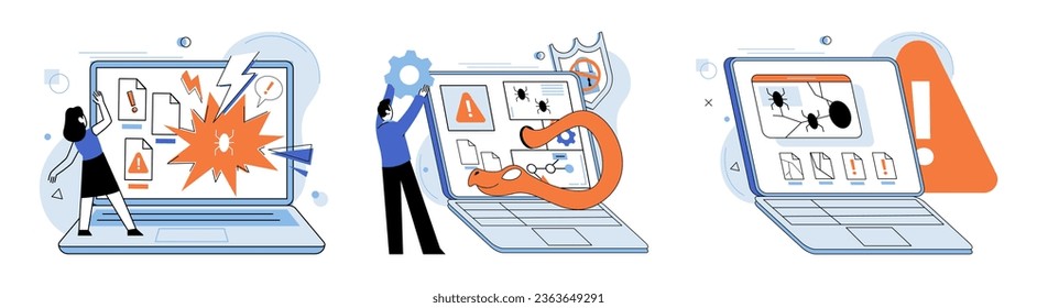 Malware spyware virus. Vector illustration. Online safety relies on robust security systems and user awareness Fraudulent activities require strong security measures and vigilant monitoring Warnings