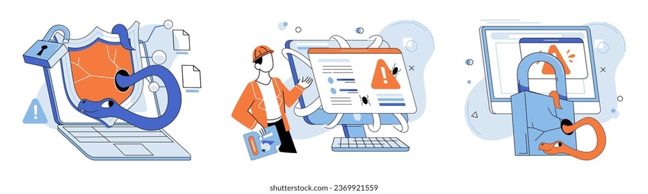 Malware spyware virus. Vector illustration. The danger hackers and cyber crimes requires constant vigilance Alerts notify users potential security breaches and malware threats Bugs in software ccreate