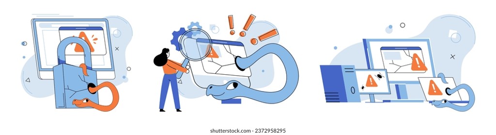 Malware spyware virus. Vector illustration. Security measures protect against cyber attacks and malicious software An attack by trojccompromise security system Effective protection software