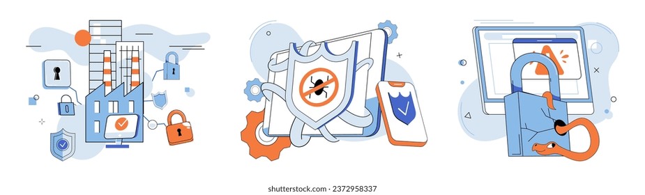 Malware spyware virus. Vector illustration. Alerts notify users potential security breaches and malware threats Bugs in software ccreate vulnerabilities hackers exploit Hacking attempts on internet