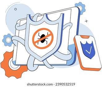 Malware spyware virus. Vector illustration. The danger hackers and cyber crimes requires constant vigilance Alerts notify users potential security breaches and malware threats Bugs in software ccreate