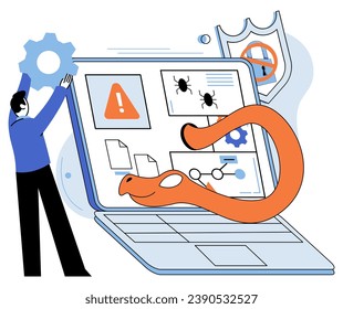 Malware spyware virus. Vector illustration. Bugs in software ccreate vulnerabilities hackers exploit Hacking attempts on internet are constant concern Spam emails often contain malware and phishing