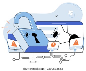 Malware spyware virus. Vector illustration. Alerts notify users potential security breaches and malware threats Bugs in software ccreate vulnerabilities hackers exploit Hacking attempts on internet