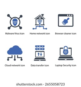 Malware Virus, Home network, Browser cleaner, Cloud network, Data transfer, Laptop Security, icon
