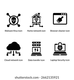 Malware Virus, Rede doméstica, Limpador de navegador, Rede em nuvem, Transferência de dados, Segurança de notebook, ícone