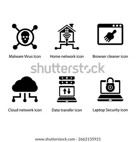 Malware Virus, Home network, Browser cleaner, Cloud network, Data transfer, Laptop Security, icon