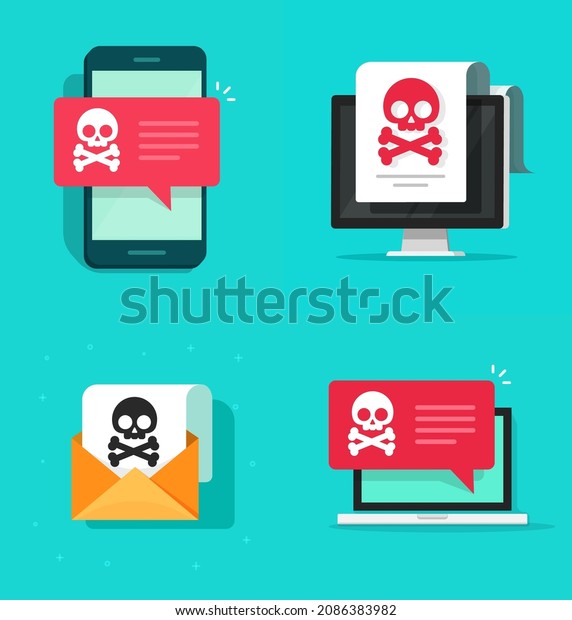 Malware virus ransomware attack warning\
alert online on mobile cell phone vector or spyware email\
fraudulent caution on computer screen as internet security threat\
vector flat cartoon\
illustration