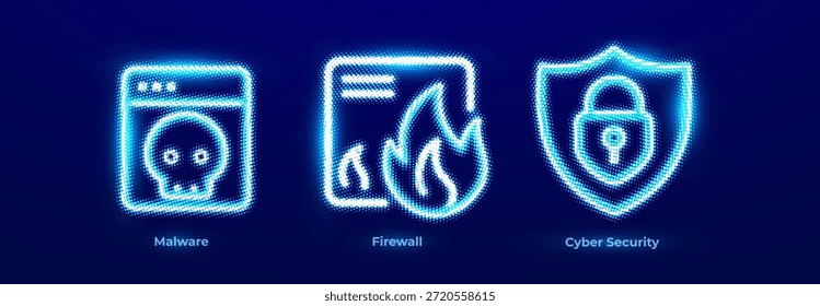 Malware Virus Ransomware Trojan Spyware Threat Detection Icons. Firewall Network Barrier Intrusion Prevention Traffic Filtering Logo. Cyber Security Data Protection Encryption Risk Management. Vector