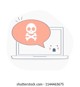 Malware, Virus warning notification, cute Bubble speech red alert with laptop. Funny Concept of Malware, Spam, Fraud, Internet error message, Online Scam, Virus concept. Flat line isolated symbol.