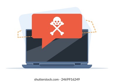 malware warning concept, warning notice on laptop computer, spam data, fraud internet error, unsafe risk danger connection, online fraud, ransomware virus note. flat vector illustration on background.