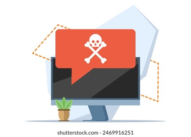 malware warning concept, warning notice on laptop computer, spam data, fraud internet error, unsafe risk danger connection, online fraud, ransomware virus note. flat vector illustration on background.